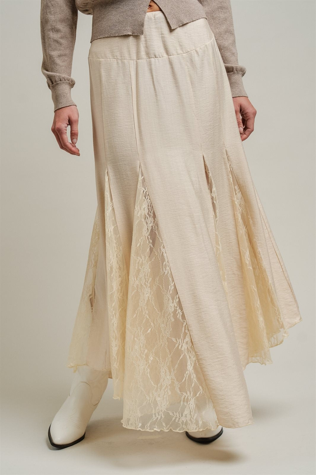 Lace Insert Godet Maxi Skirt Western Coastal Cowgirl Cottage in Champagne - Women's Wholesale Skirts | Trend Notes