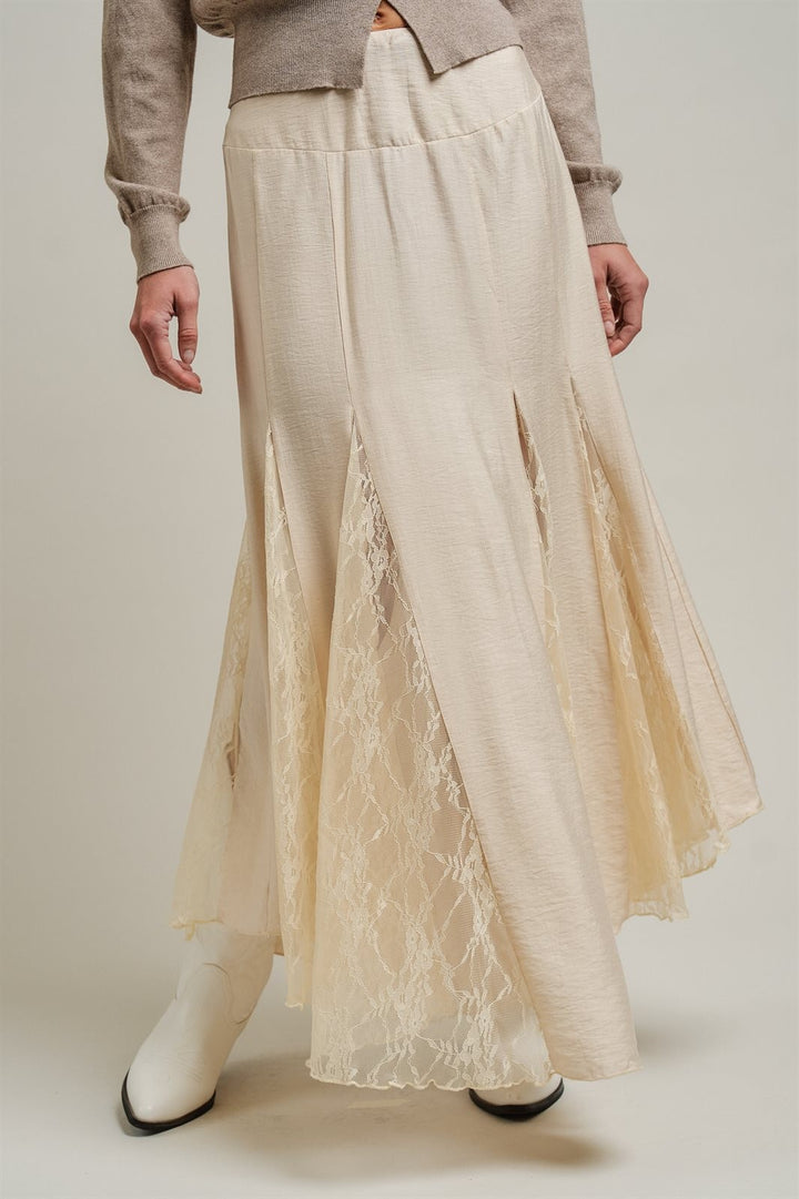 Lace Insert Godet Maxi Skirt Western Coastal Cowgirl Cottage in Champagne - Women's Wholesale Skirts | Trend Notes