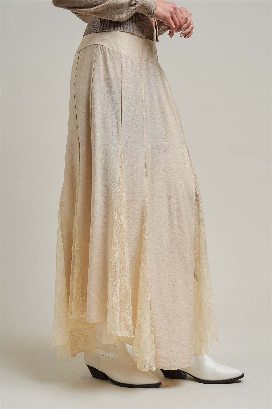 Lace Insert Godet Maxi Skirt Western Coastal Cowgirl Cottage in Champagne - Women's Wholesale Skirts | Trend Notes
