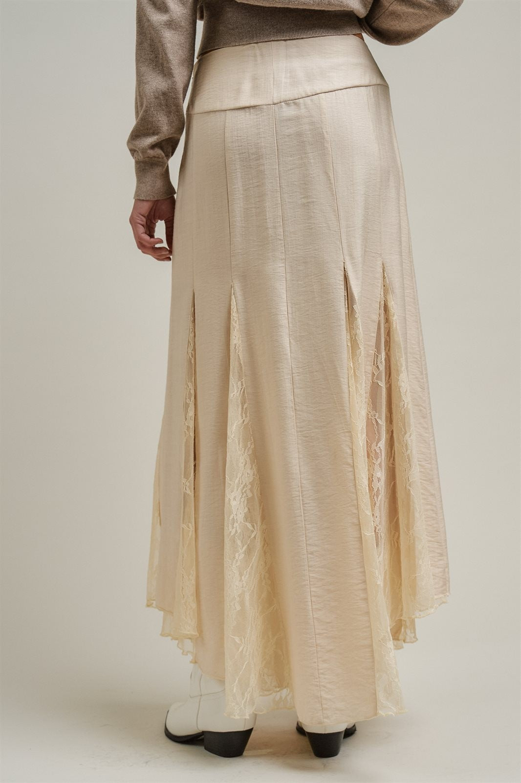 Lace Insert Godet Maxi Skirt Western Coastal Cowgirl Cottage in Champagne - Women's Wholesale Skirts | Trend Notes