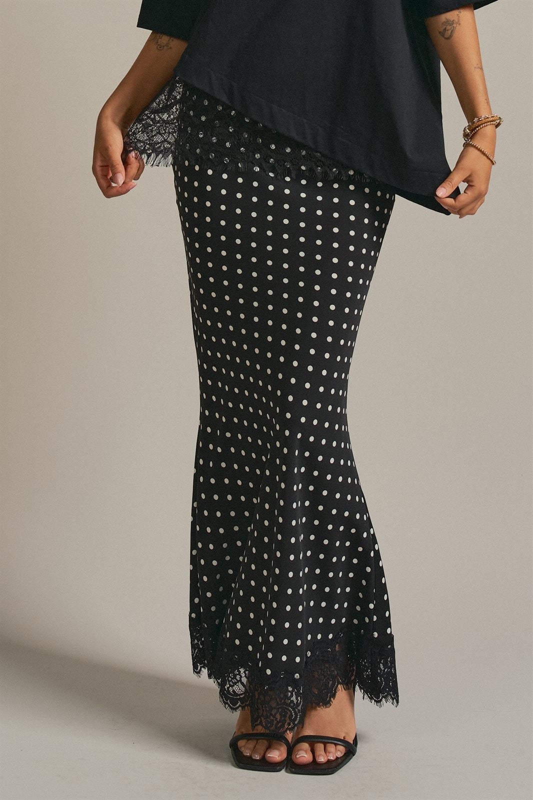 Polka Dot Satin Maxi Skirt with Lace Trim Hem in Black - Women's Wholesale Skirts | Trend Notes