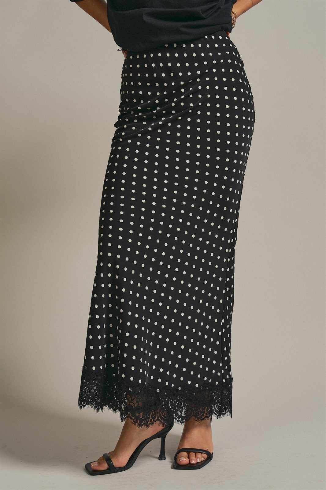 Polka Dot Satin Maxi Skirt with Lace Trim Hem in Black - Women's Wholesale Skirts | Trend Notes