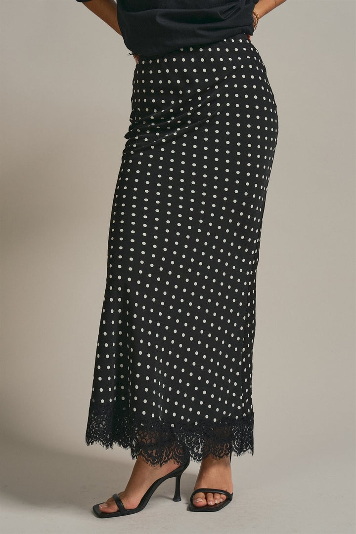 Polka Dot Satin Maxi Skirt with Lace Trim Hem in Black - Women's Wholesale Skirts | Trend Notes