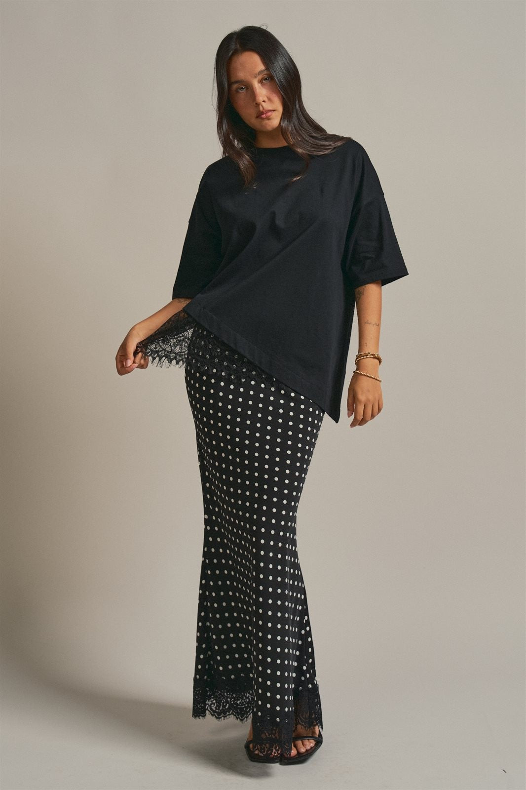Polka Dot Satin Maxi Skirt with Lace Trim Hem in Black - Women's Wholesale Skirts | Trend Notes