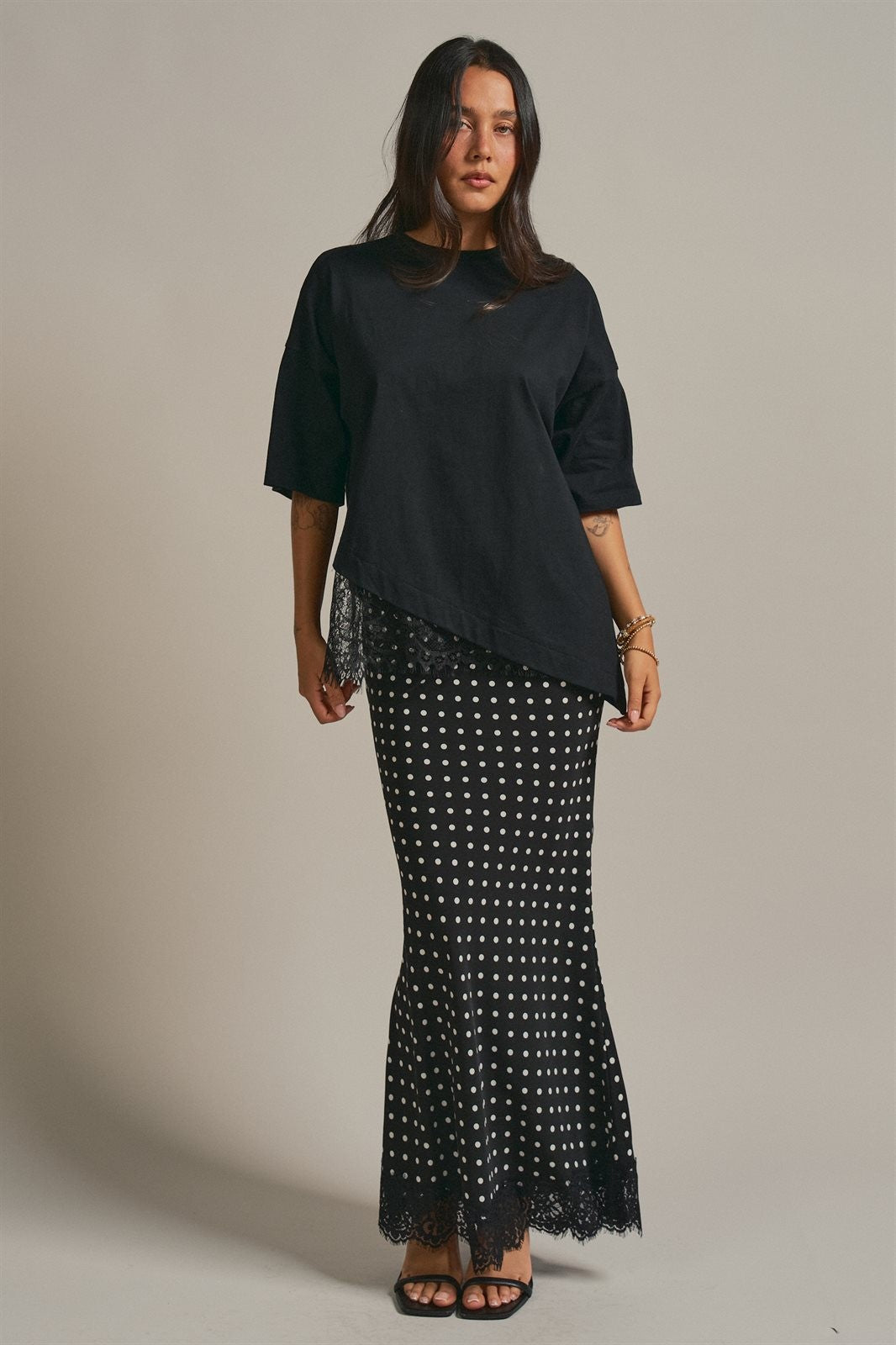 Polka Dot Satin Maxi Skirt with Lace Trim Hem in Black - Women's Wholesale Skirts | Trend Notes