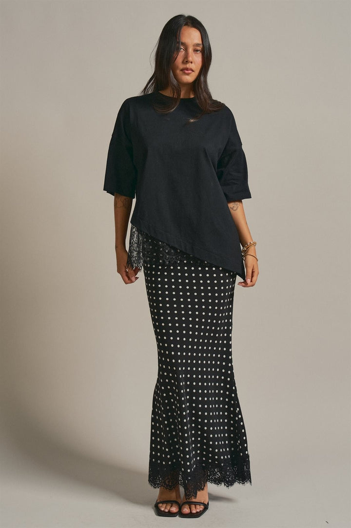 Polka Dot Satin Maxi Skirt with Lace Trim Hem in Black - Women's Wholesale Skirts | Trend Notes