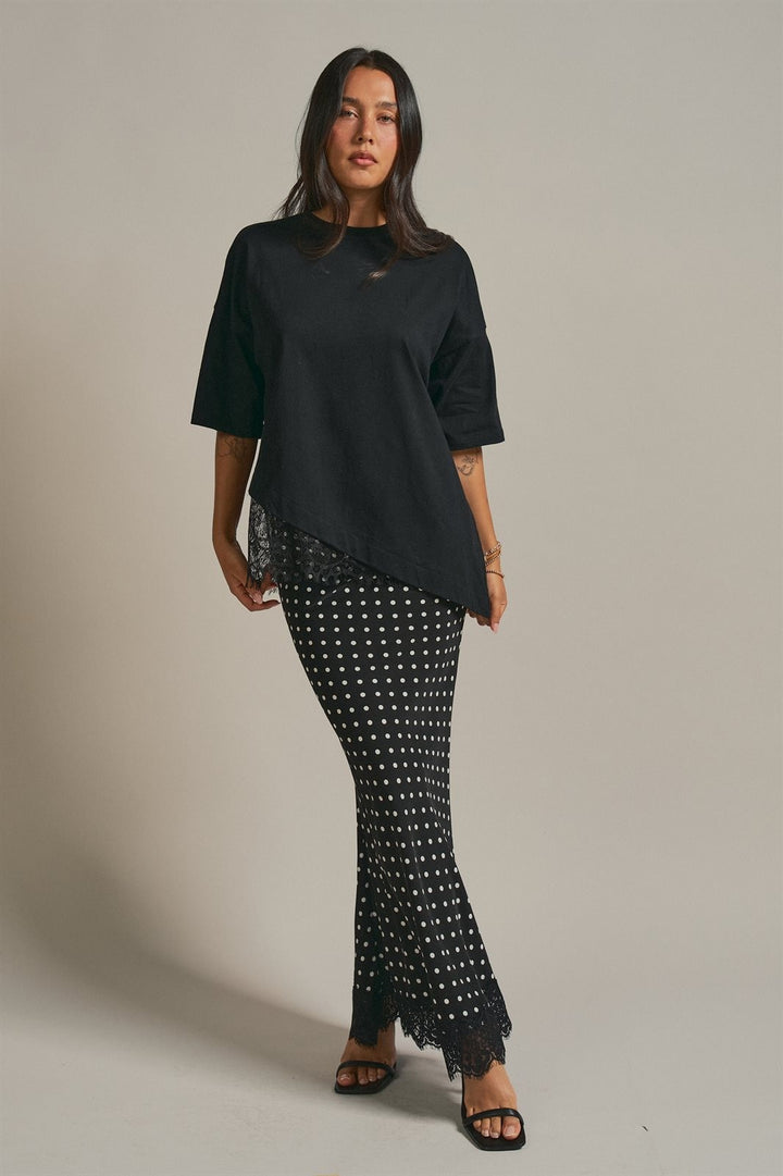 Polka Dot Satin Maxi Skirt with Lace Trim Hem in Black - Women's Wholesale Skirts | Trend Notes