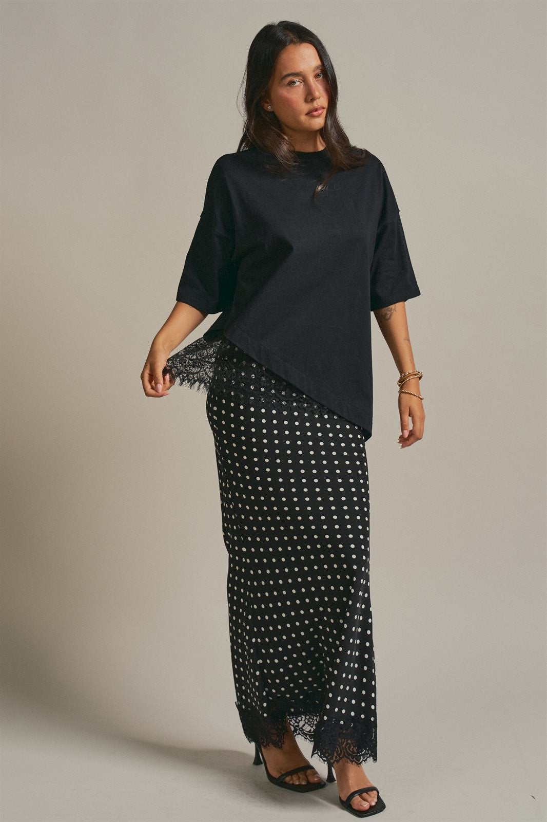 Polka Dot Satin Maxi Skirt with Lace Trim Hem in Black - Women's Wholesale Skirts | Trend Notes