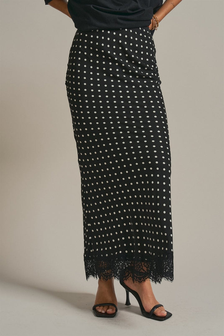 Polka Dot Satin Maxi Skirt with Lace Trim Hem in Black - Women's Wholesale Skirts | Trend Notes