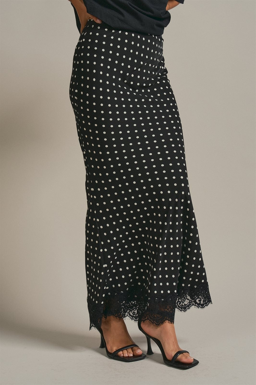 Polka Dot Satin Maxi Skirt with Lace Trim Hem in Black - Women's Wholesale Skirts | Trend Notes