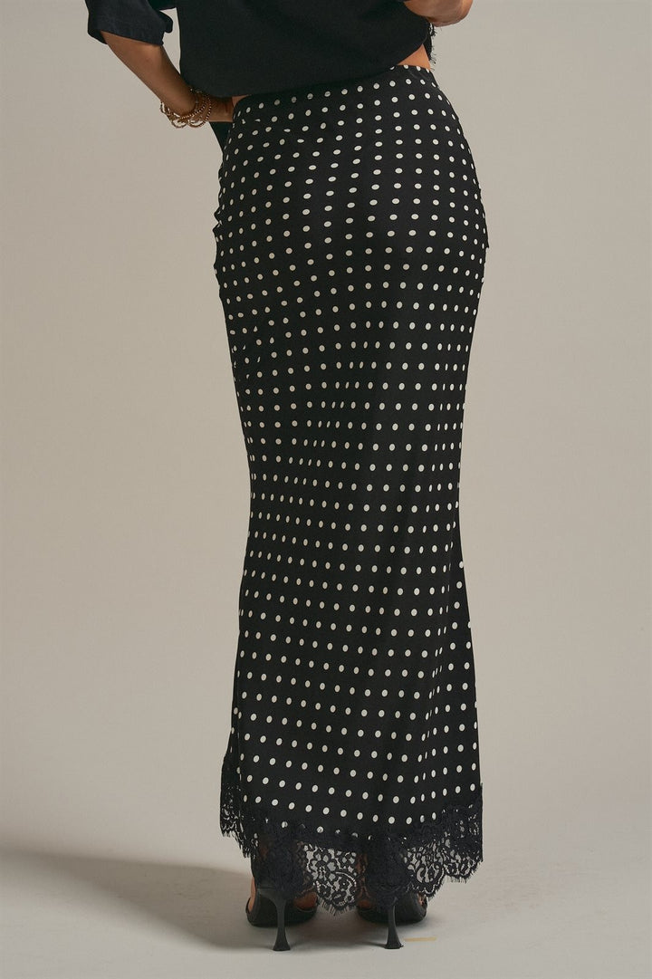 Polka Dot Satin Maxi Skirt with Lace Trim Hem in Black - Women's Wholesale Skirts | Trend Notes