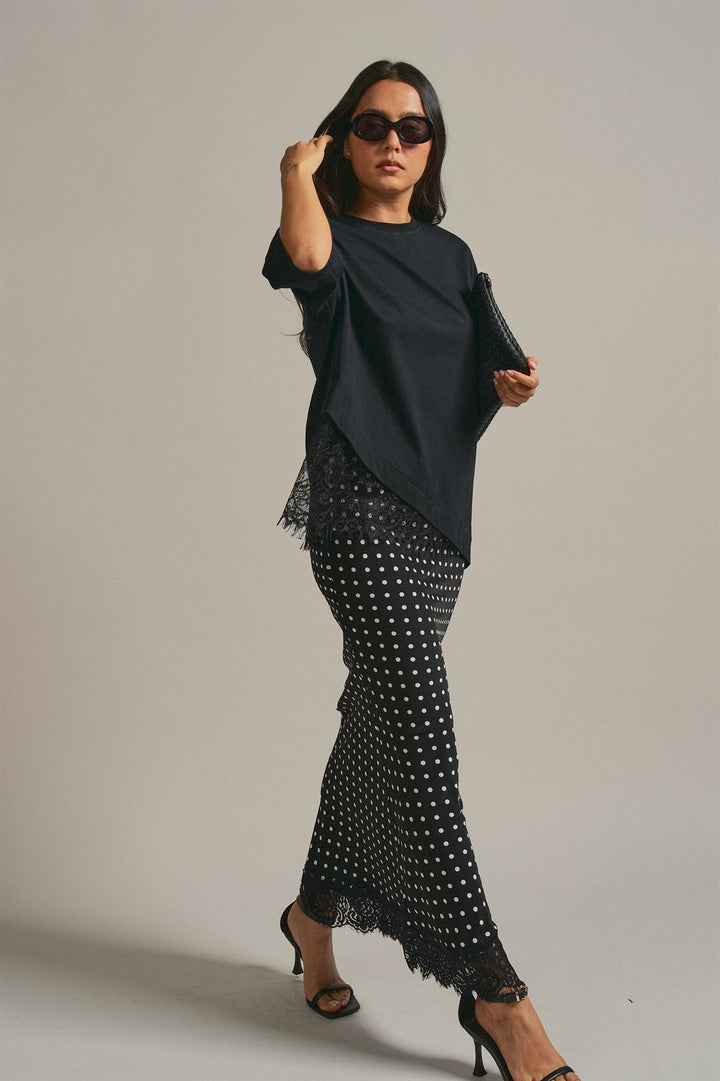 Polka Dot Satin Maxi Skirt with Lace Trim Hem in Black - Women's Wholesale Skirts | Trend Notes