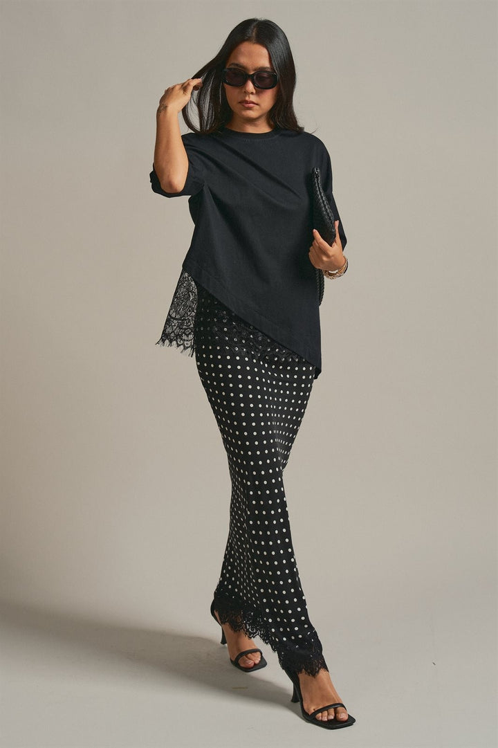 Polka Dot Satin Maxi Skirt with Lace Trim Hem in Black - Women's Wholesale Skirts | Trend Notes