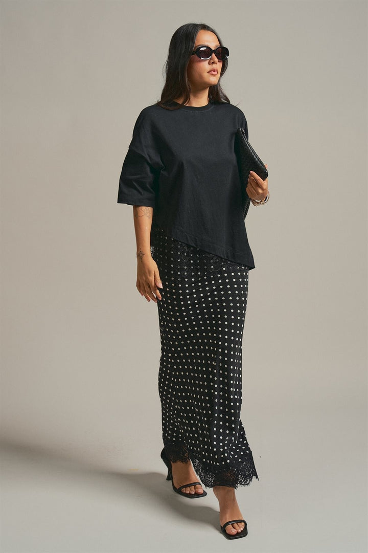 Polka Dot Satin Maxi Skirt with Lace Trim Hem in Black - Women's Wholesale Skirts | Trend Notes
