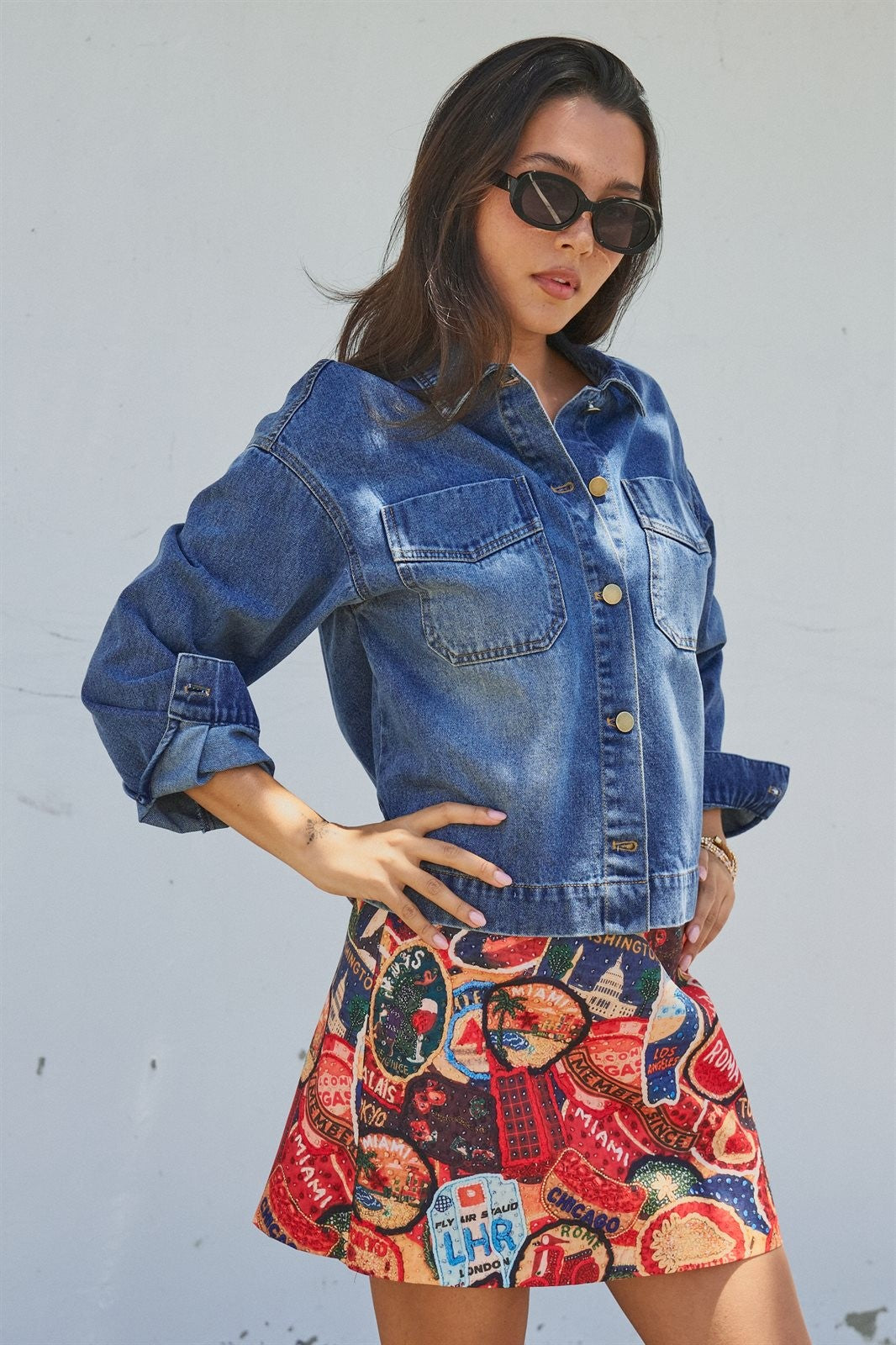 Travel Patch Print Mini Skirt in Italian Summer Vacation in Multi - Women's Wholesale Skirts | Trend Notes