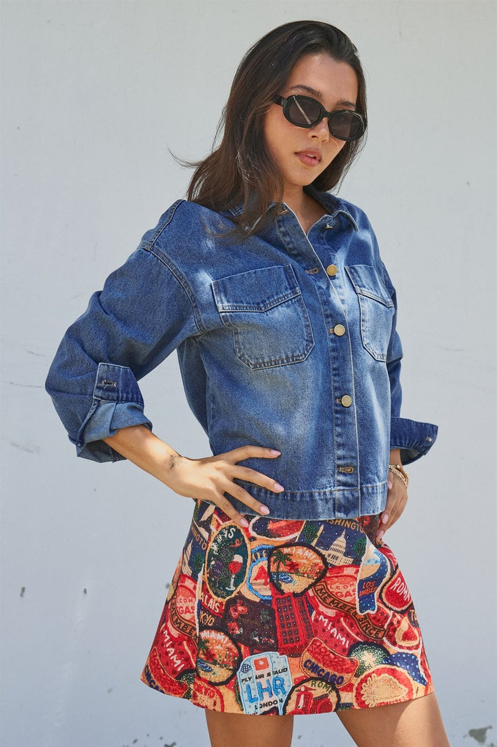 Travel Patch Print Mini Skirt in Italian Summer Vacation in Multi - Women's Wholesale Skirts | Trend Notes