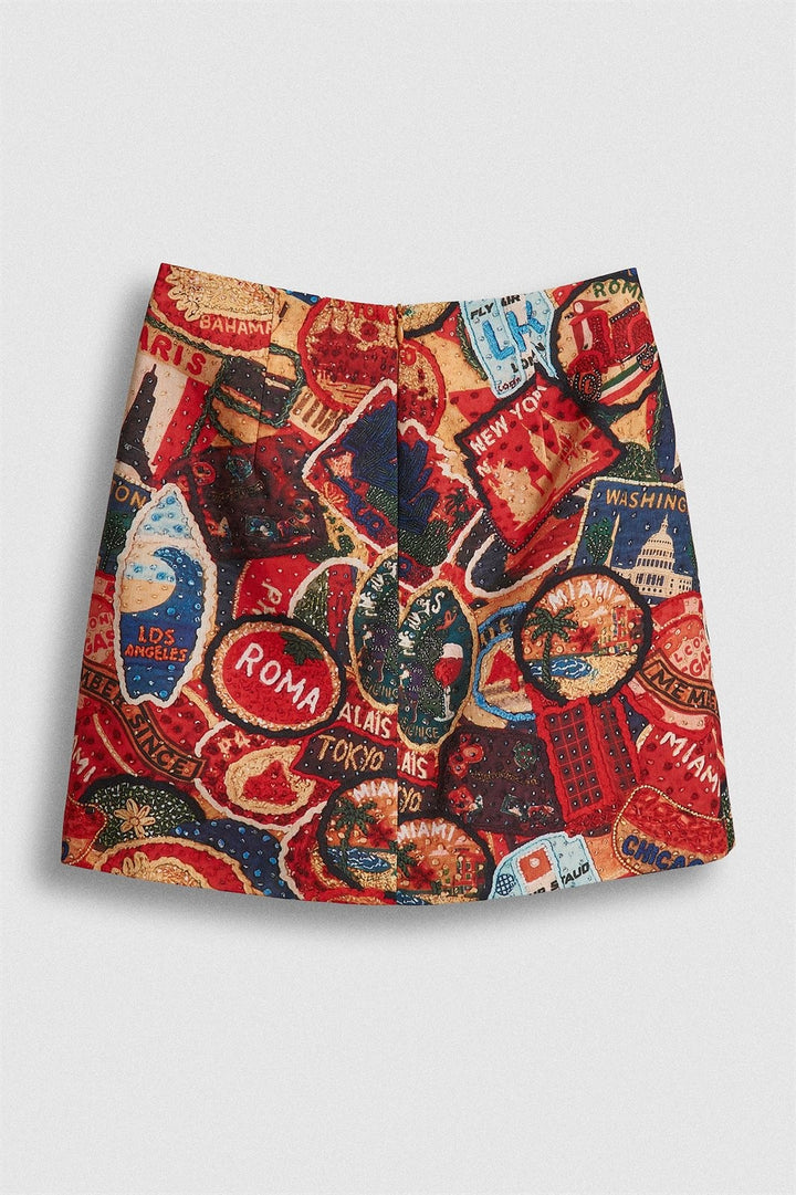 Travel Patch Print Mini Skirt in Italian Summer Vacation in Multi - Women's Wholesale Skirts | Trend Notes
