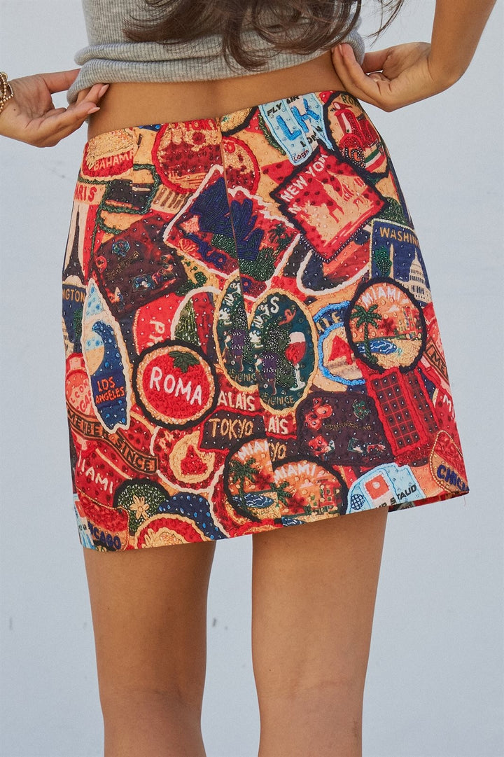 Travel Patch Print Mini Skirt in Italian Summer Vacation in Multi - Women's Wholesale Skirts | Trend Notes