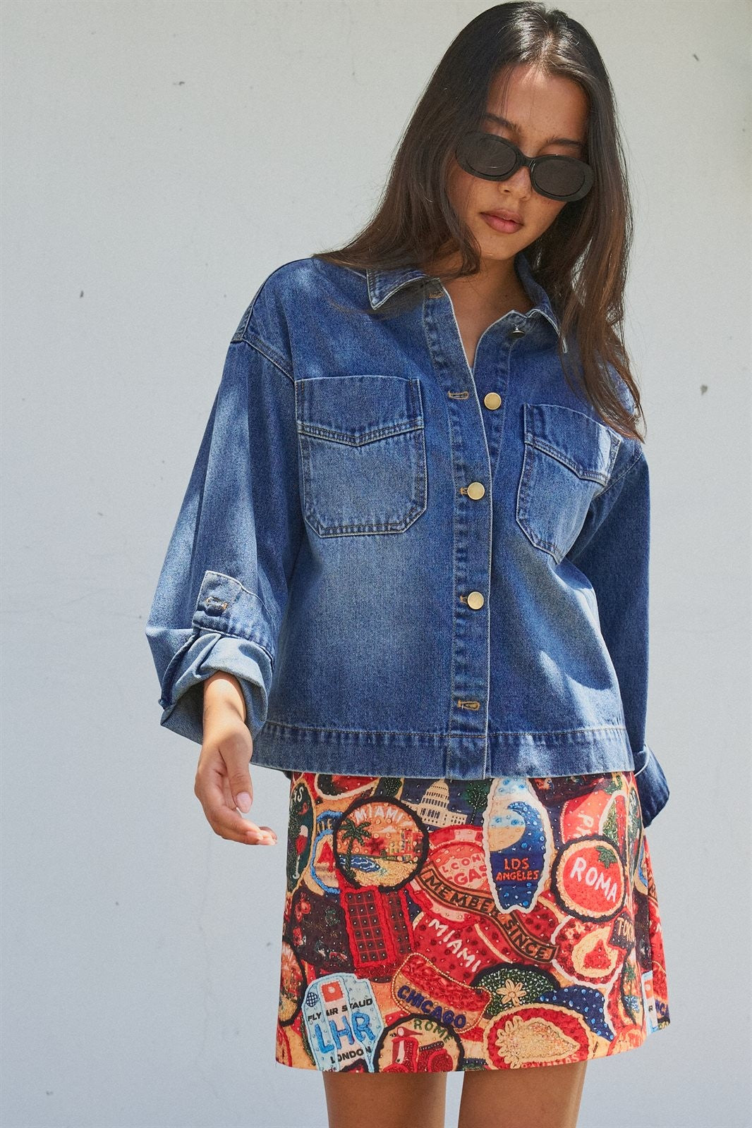 Travel Patch Print Mini Skirt in Italian Summer Vacation in Multi - Women's Wholesale Skirts | Trend Notes