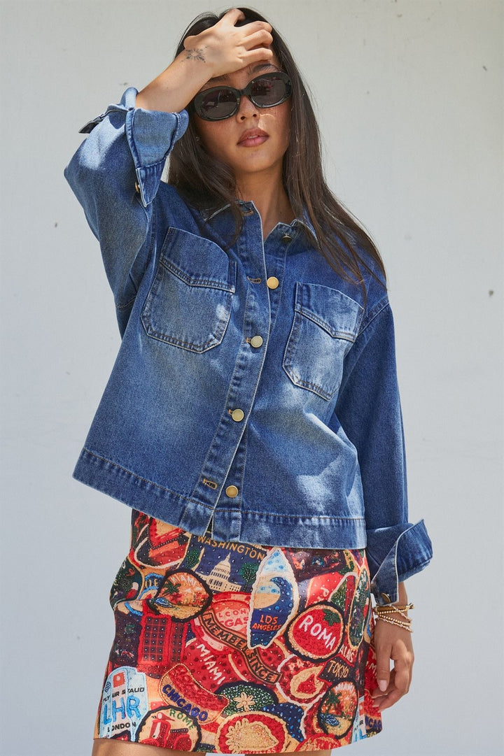 Travel Patch Print Mini Skirt in Italian Summer Vacation in Multi - Women's Wholesale Skirts | Trend Notes
