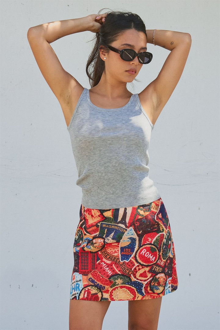 Travel Patch Print Mini Skirt in Italian Summer Vacation in Multi - Women's Wholesale Skirts | Trend Notes