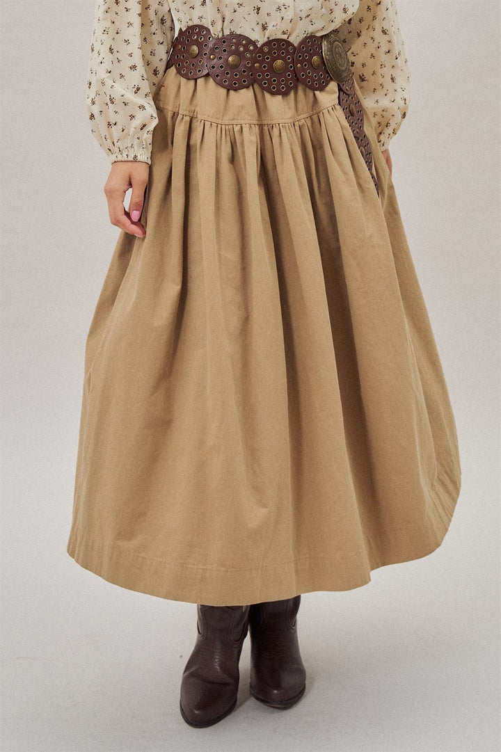 Gathered Cotton Full Maxi Skirt in Taupe	 - Women's Wholesale Maxi Skirts | Trend Notes