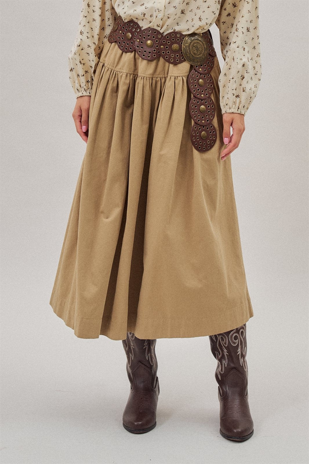 Gathered Cotton Full Maxi Skirt in Taupe	 - Women's Wholesale Maxi Skirts | Trend Notes
