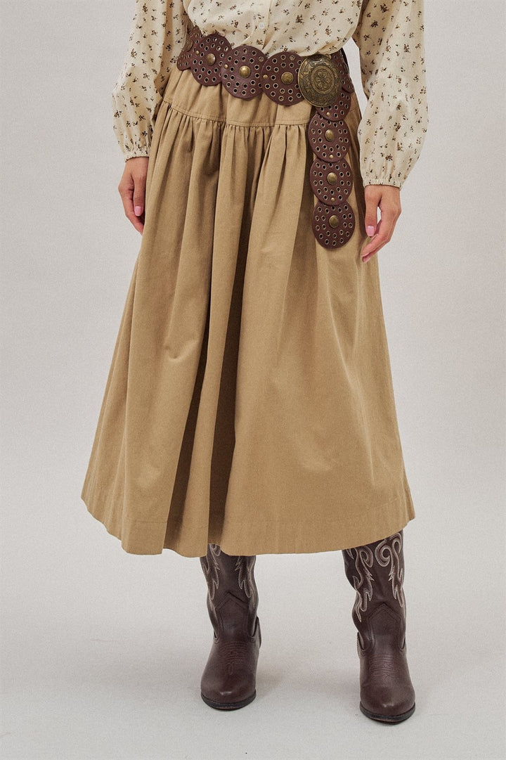 Gathered Cotton Full Maxi Skirt in Taupe	 - Women's Wholesale Maxi Skirts | Trend Notes