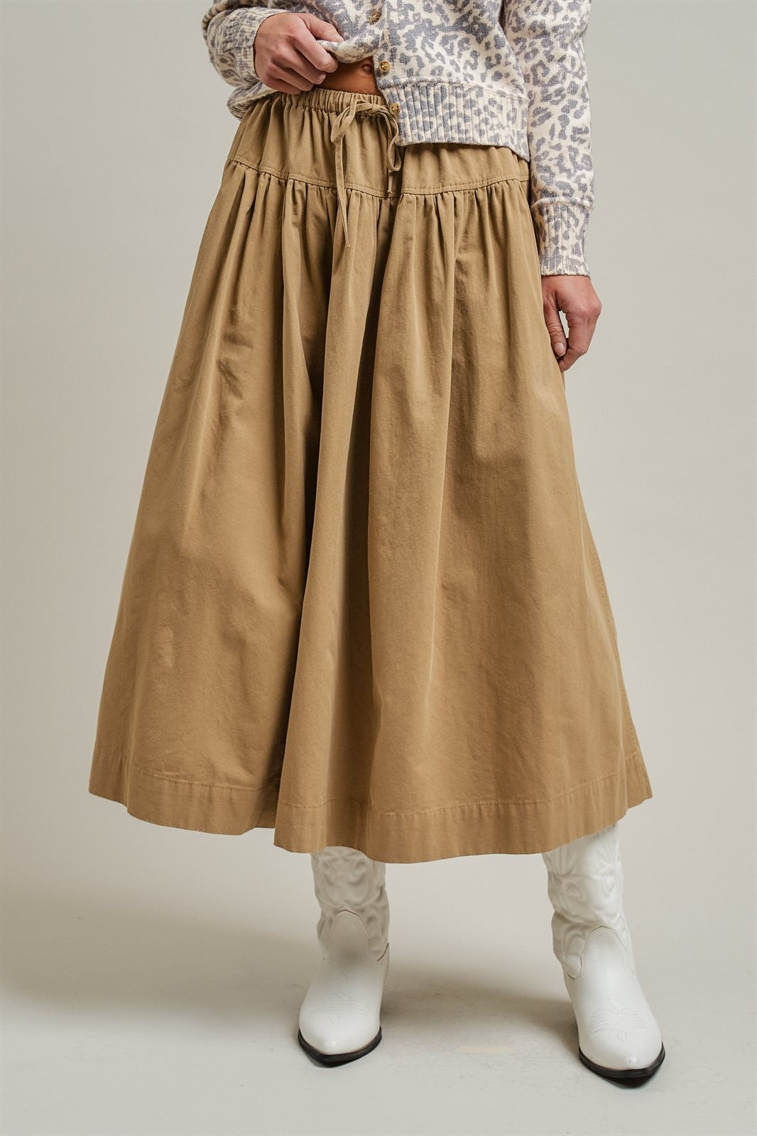 Gathered Cotton Full Maxi Skirt in Taupe	 - Women's Wholesale Maxi Skirts | Trend Notes