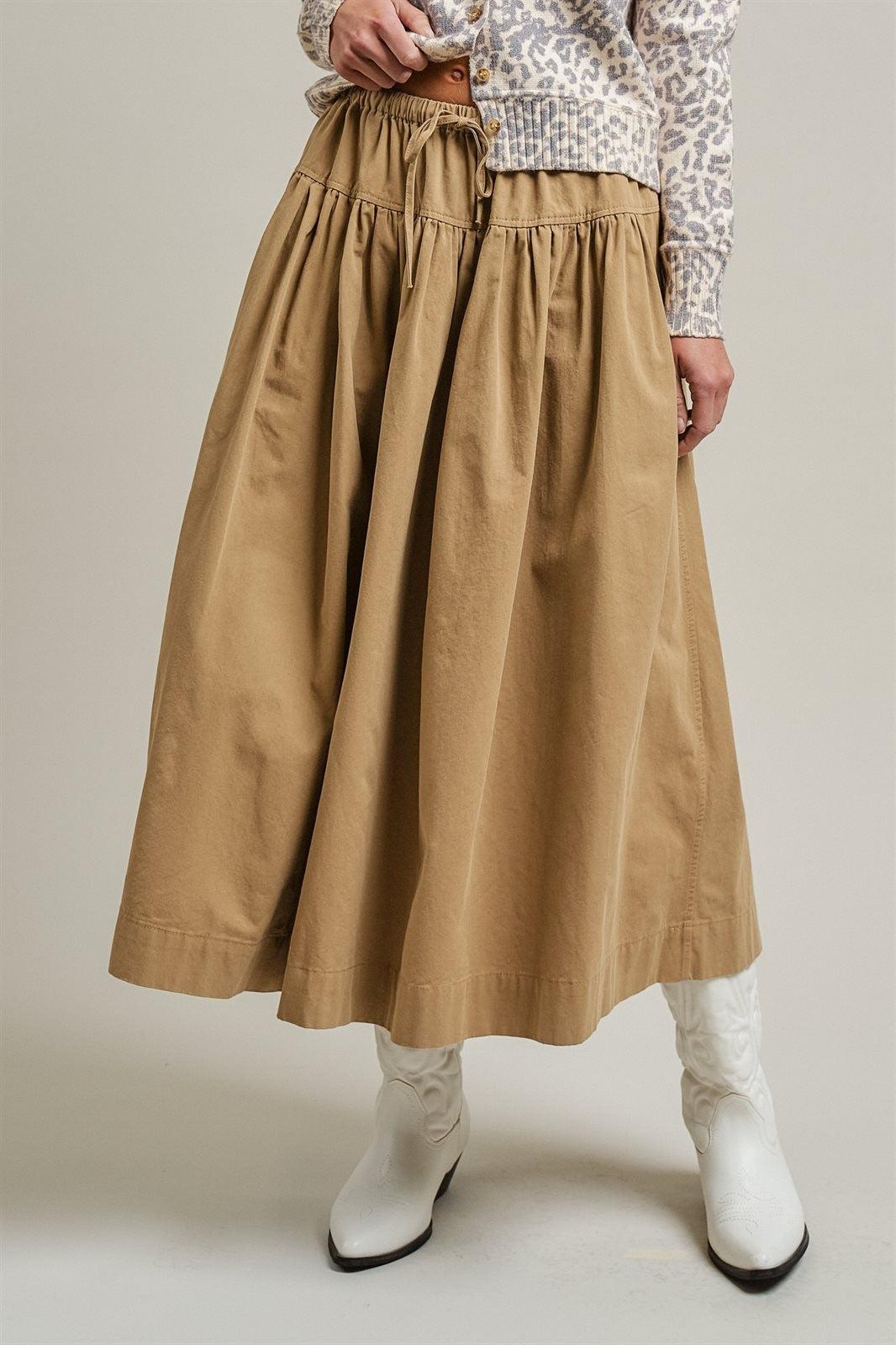 Gathered Cotton Full Maxi Skirt in Taupe	 - Women's Wholesale Maxi Skirts | Trend Notes