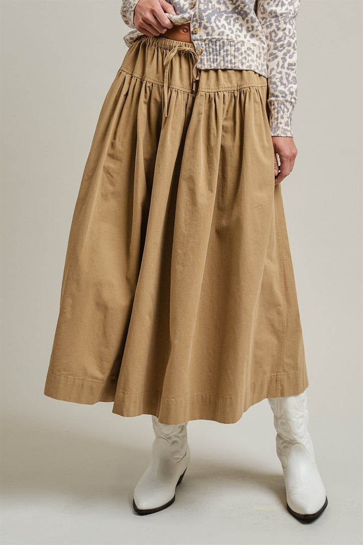 Gathered Cotton Full Maxi Skirt in Taupe	 - Women's Wholesale Maxi Skirts | Trend Notes