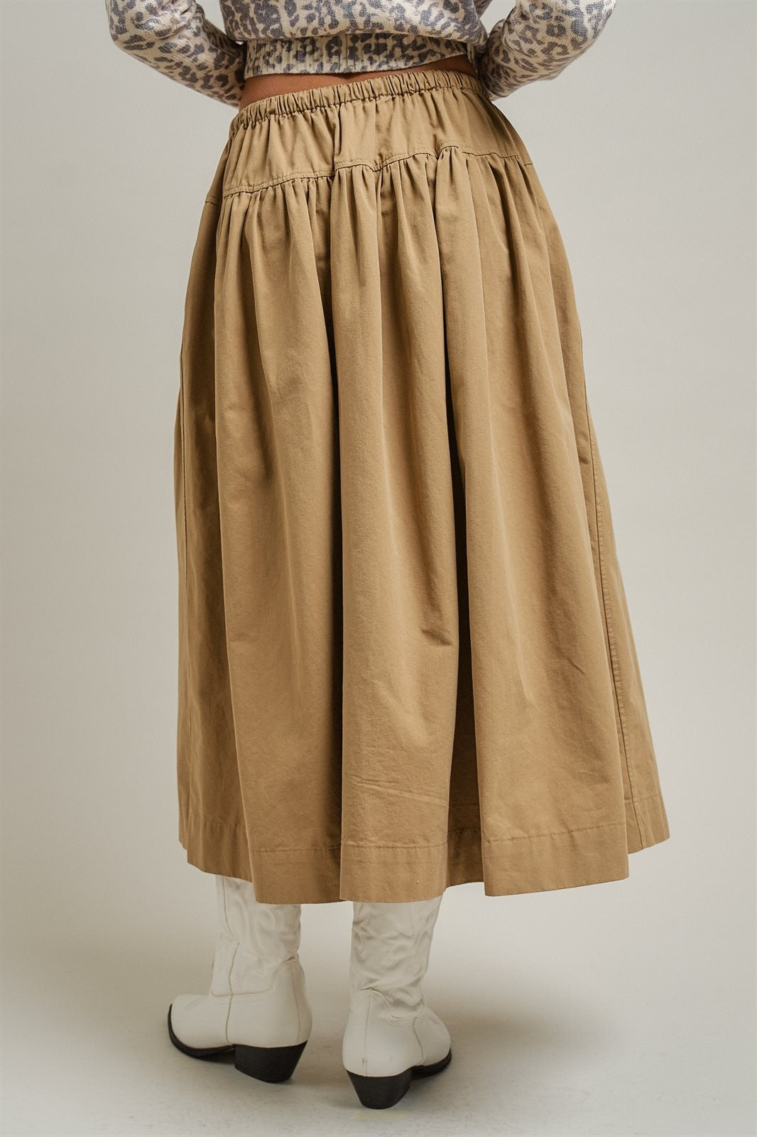 Gathered Cotton Full Maxi Skirt in Taupe	 - Women's Wholesale Maxi Skirts | Trend Notes