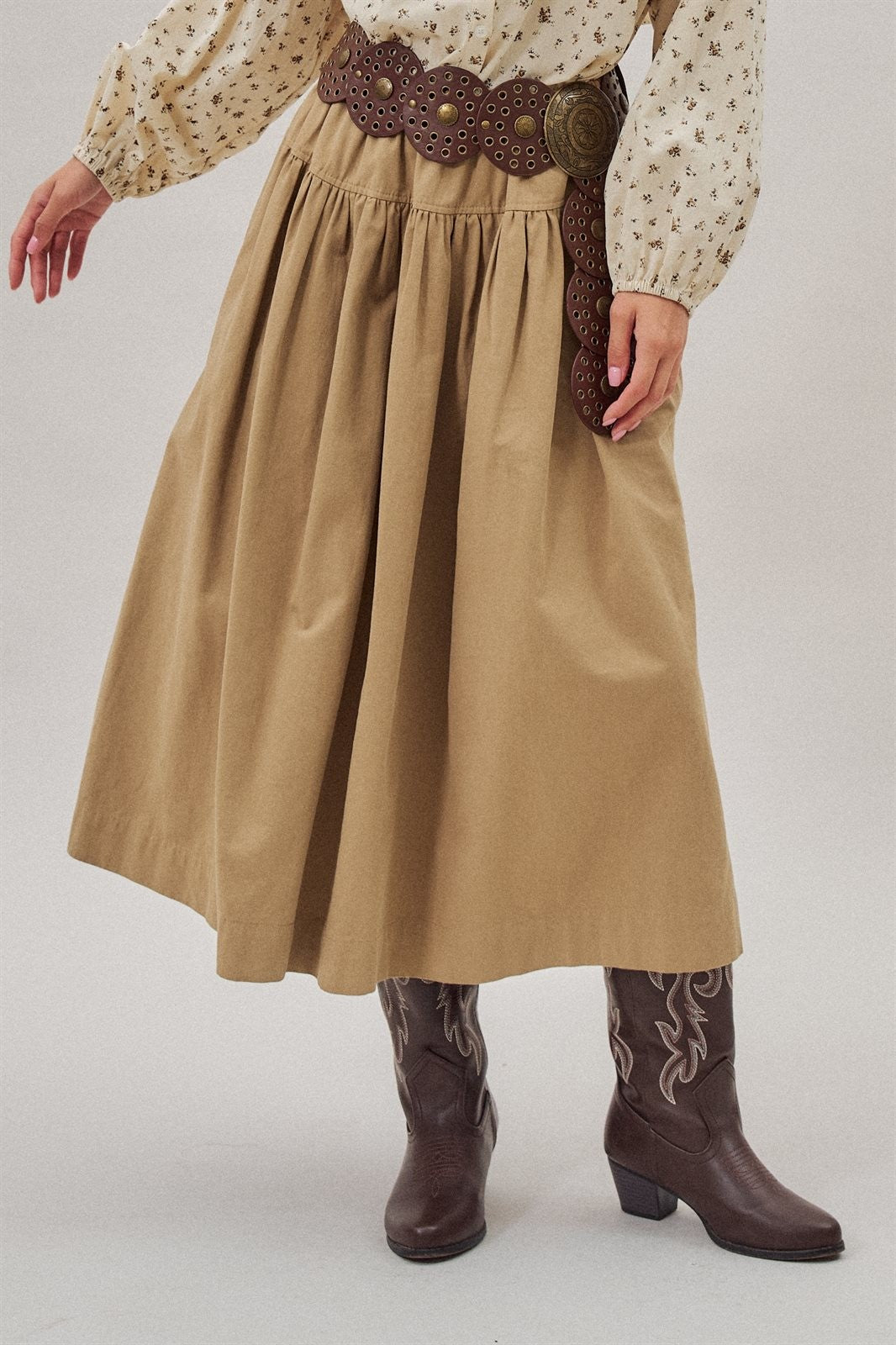 Gathered Cotton Full Maxi Skirt in Taupe	 - Women's Wholesale Maxi Skirts | Trend Notes