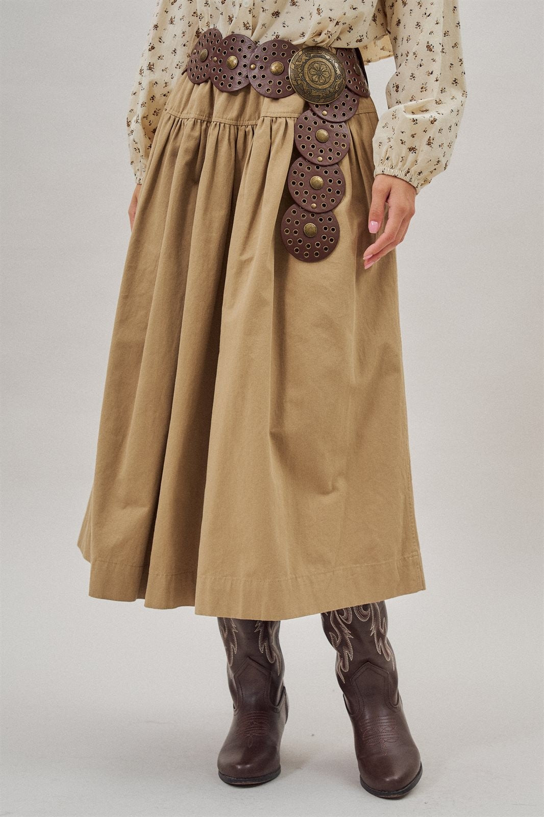 Gathered Cotton Full Maxi Skirt in Taupe	 - Women's Wholesale Maxi Skirts | Trend Notes