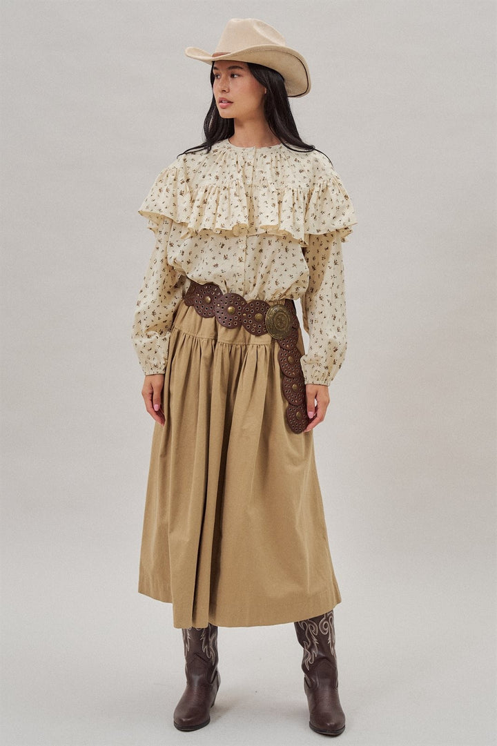 Gathered Cotton Full Maxi Skirt in Taupe	 - Women's Wholesale Maxi Skirts | Trend Notes