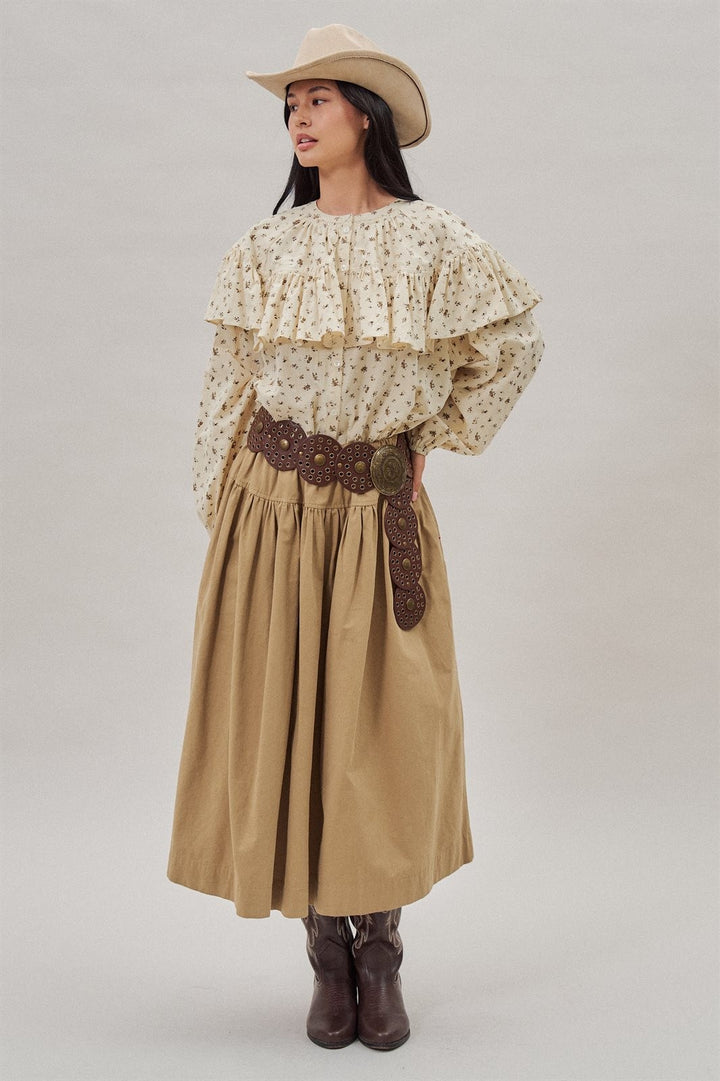 Gathered Cotton Full Maxi Skirt in Taupe	 - Women's Wholesale Maxi Skirts | Trend Notes