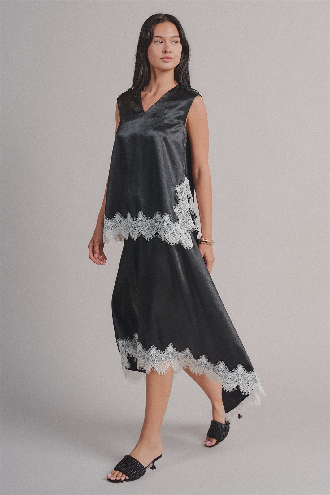Lace Trim Satin Asymmetric Midi Skirt in Black - Women's Wholesale Midi Skirts | Trend Notes