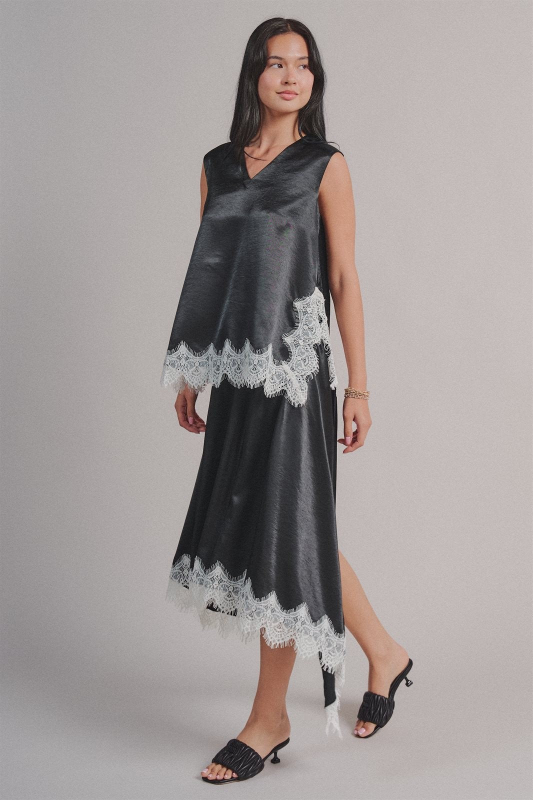 Lace Trim Satin Asymmetric Midi Skirt in Black - Women's Wholesale Midi Skirts | Trend Notes