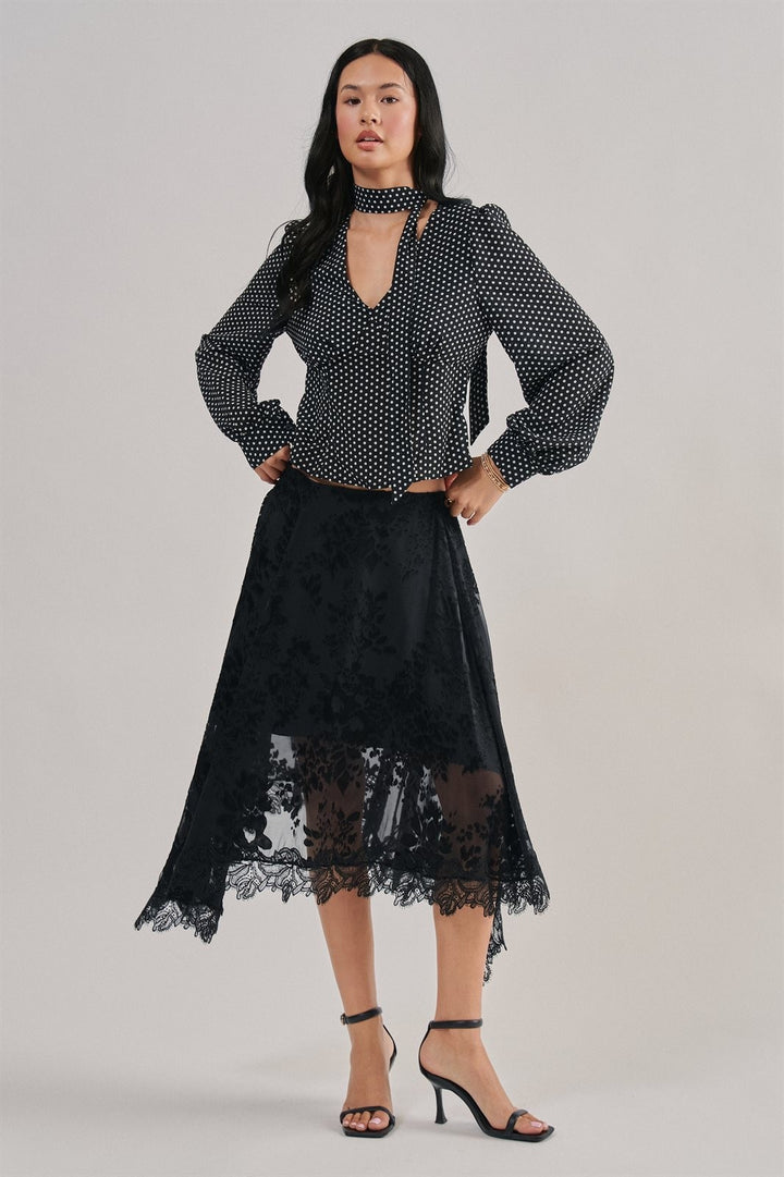 Burnout Floral Midi Skirt With Scalloped Lace Hem in Black - Women's Wholesale Midi Skirts | Trend Notes