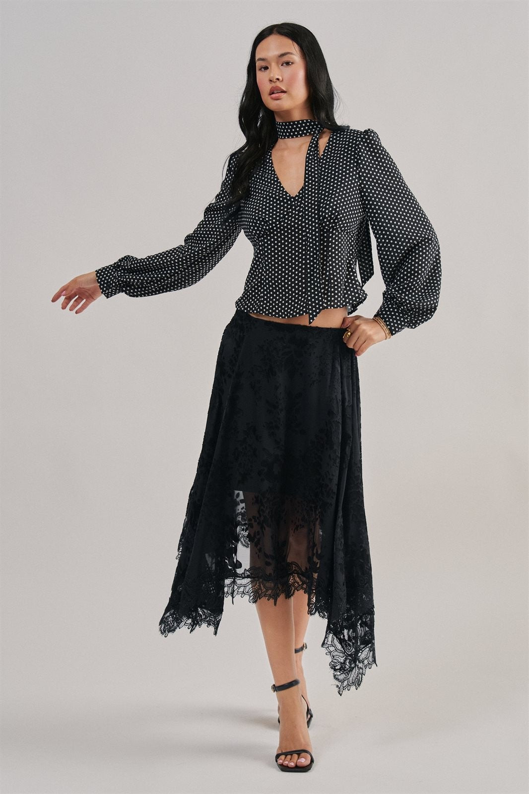 Burnout Floral Midi Skirt With Scalloped Lace Hem in Black - Women's Wholesale Midi Skirts | Trend Notes