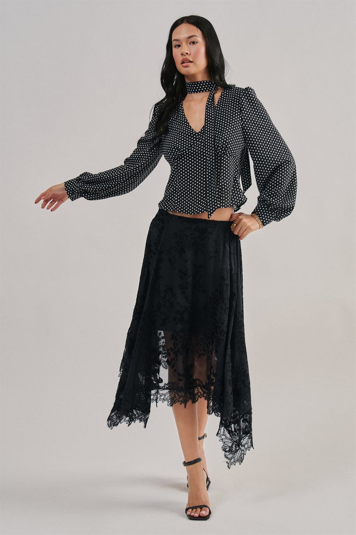 Burnout Floral Midi Skirt With Scalloped Lace Hem in Black - Women's Wholesale Midi Skirts | Trend Notes