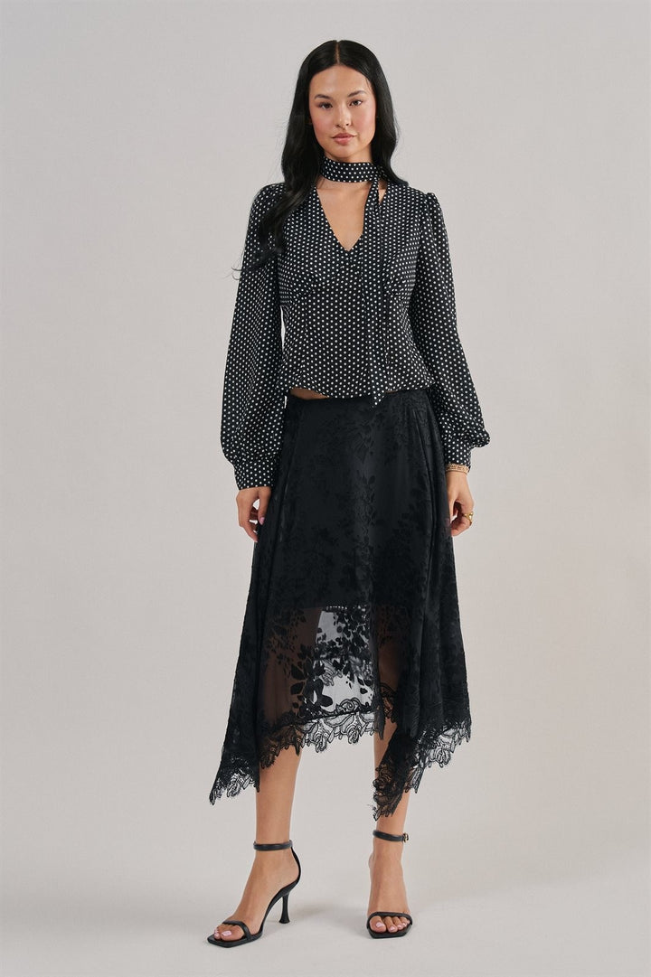 Burnout Floral Midi Skirt With Scalloped Lace Hem in Black - Women's Wholesale Midi Skirts | Trend Notes