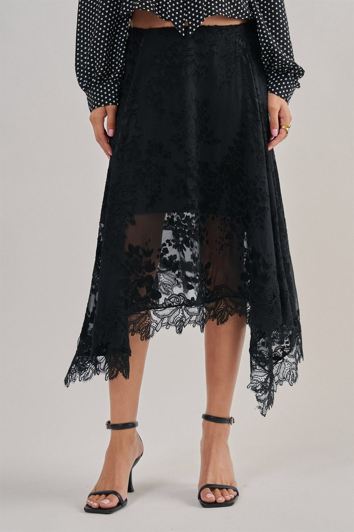Burnout Floral Midi Skirt With Scalloped Lace Hem in Black - Women's Wholesale Midi Skirts | Trend Notes