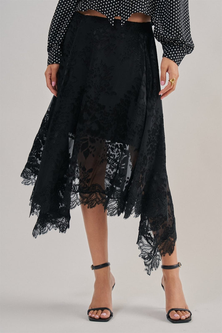 Burnout Floral Midi Skirt With Scalloped Lace Hem in Black - Women's Wholesale Midi Skirts | Trend Notes