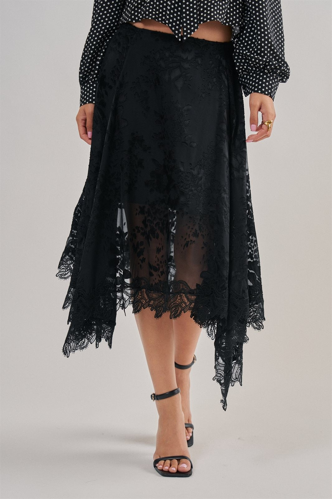 Burnout Floral Midi Skirt With Scalloped Lace Hem in Black - Women's Wholesale Midi Skirts | Trend Notes