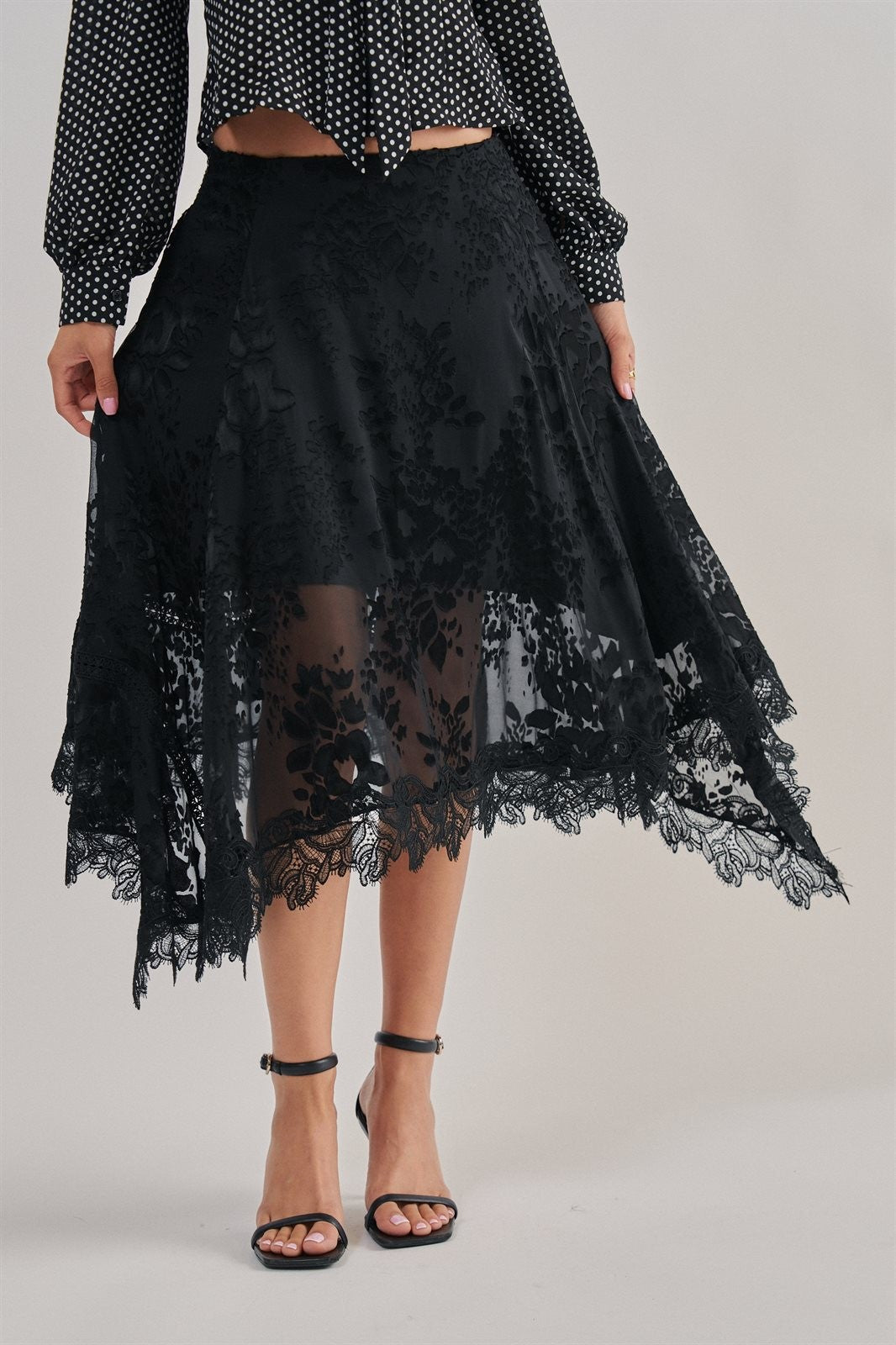 Burnout Floral Midi Skirt With Scalloped Lace Hem in Black - Women's Wholesale Midi Skirts | Trend Notes