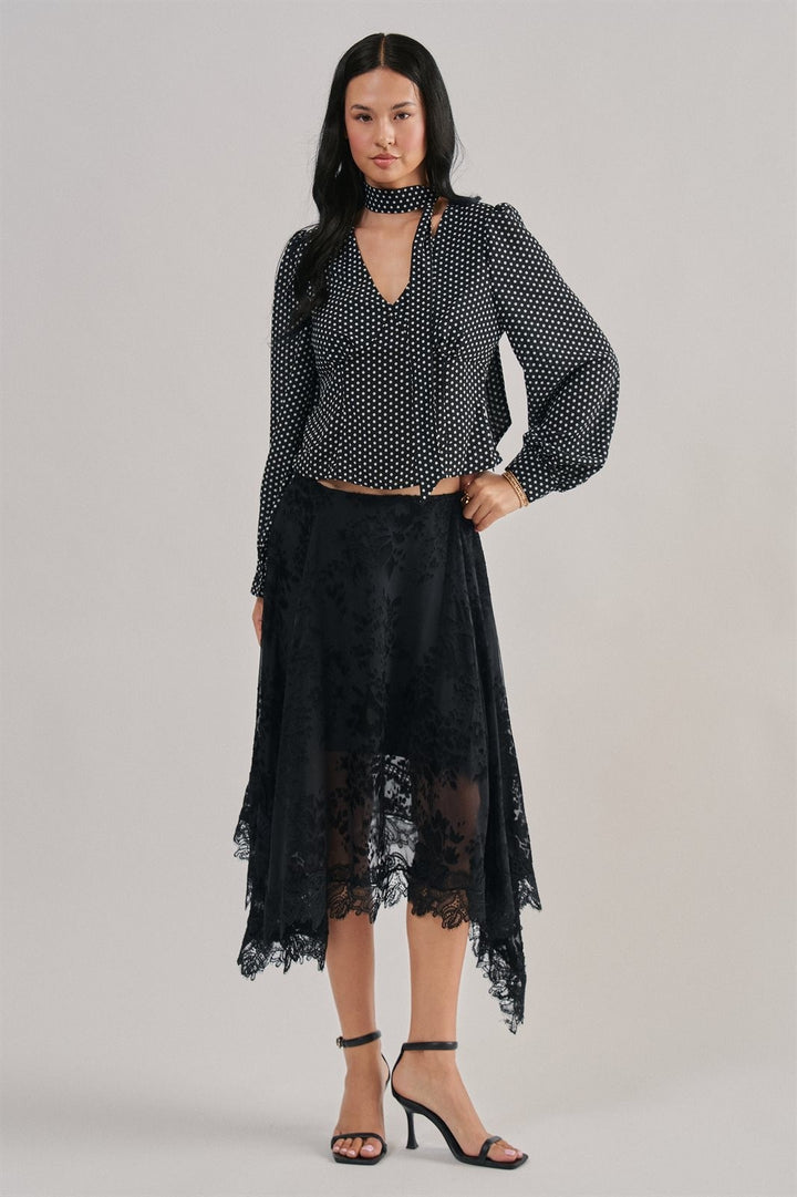 Burnout Floral Midi Skirt With Scalloped Lace Hem in Black - Women's Wholesale Midi Skirts | Trend Notes