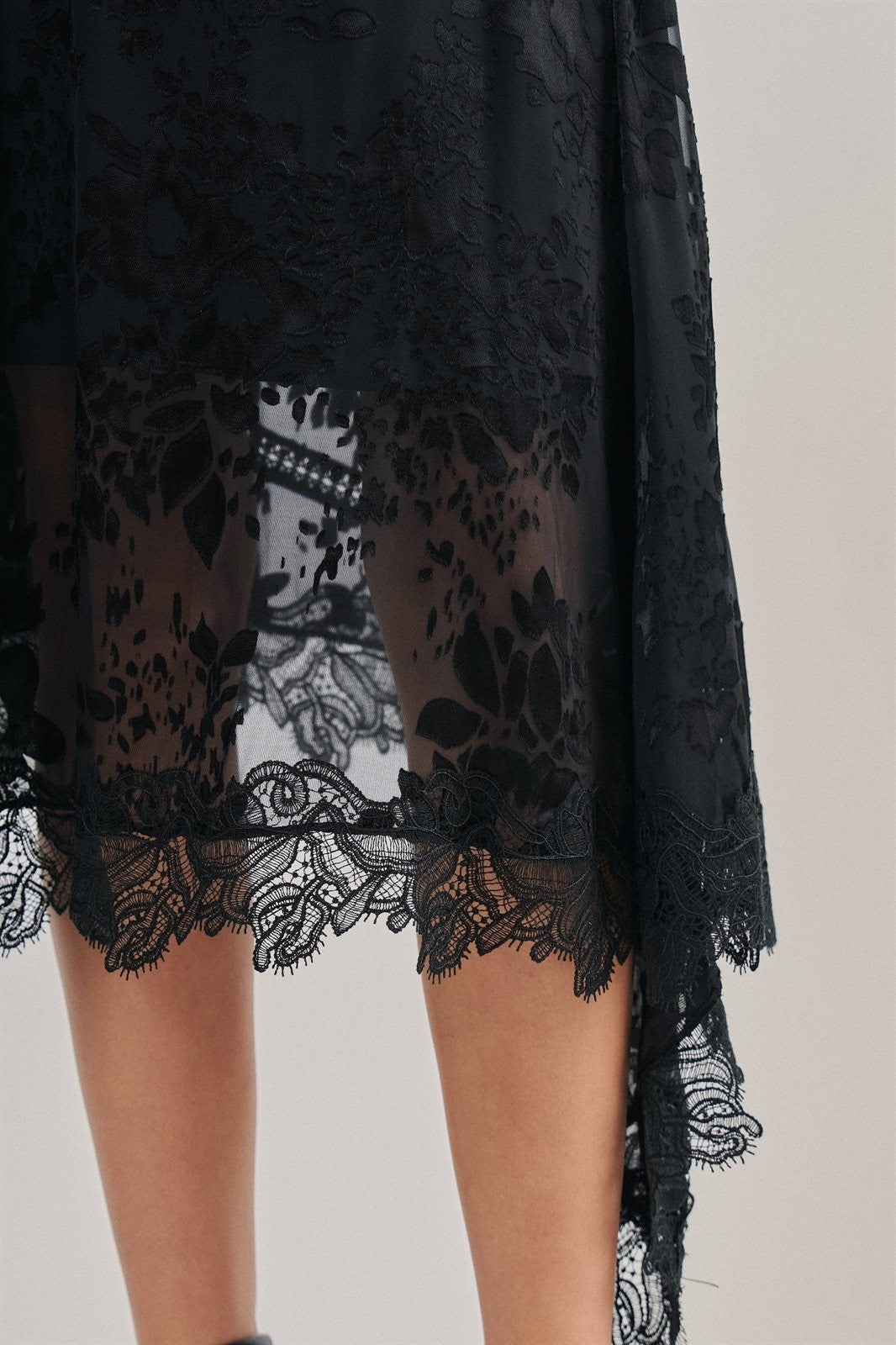 Burnout Floral Midi Skirt With Scalloped Lace Hem in Black - Women's Wholesale Midi Skirts | Trend Notes