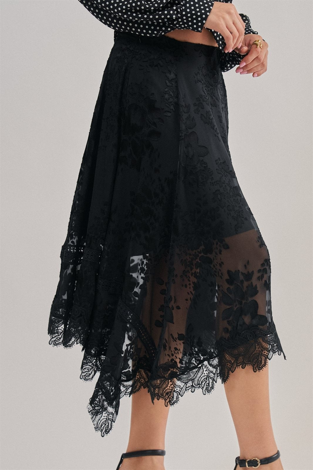 Burnout Floral Midi Skirt With Scalloped Lace Hem in Black - Women's Wholesale Midi Skirts | Trend Notes
