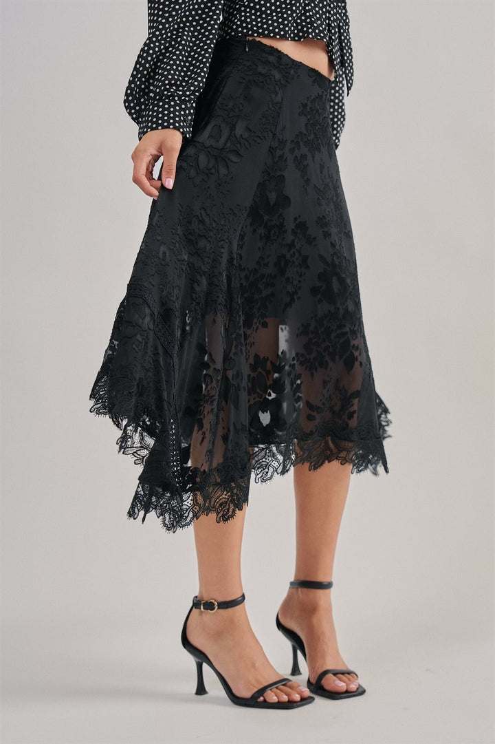 Burnout Floral Midi Skirt With Scalloped Lace Hem in Black - Women's Wholesale Midi Skirts | Trend Notes